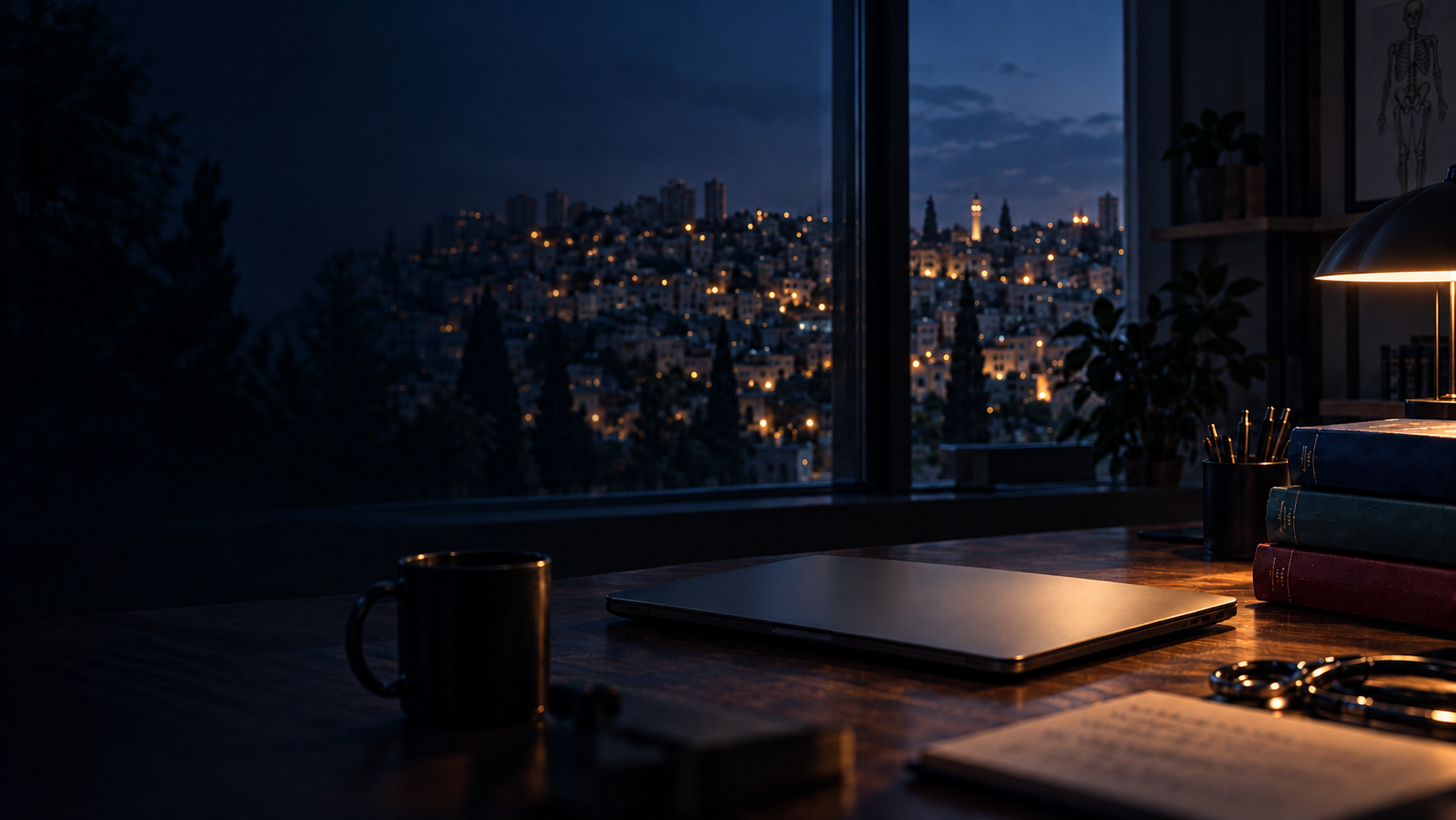 A study desk by the window overlooking the city at night